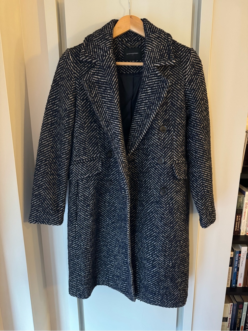 Banana Republic Black and White Herringbone Double-Breasted Pea Coat
